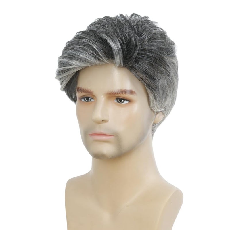 Kaneles Mens Grey Short Wigs Layered Natural Wig Gray Mixed White Synthetic Halloween Daily Hair Wig for Male Guy - Image 3